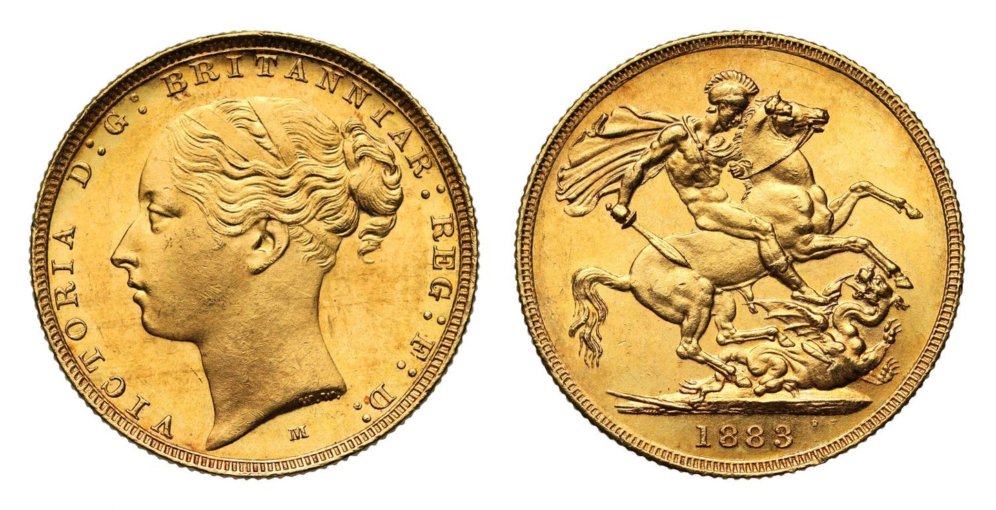 Victoria 1883 M Sovereign, Melbourne, WW raised, short tail, no stops BP