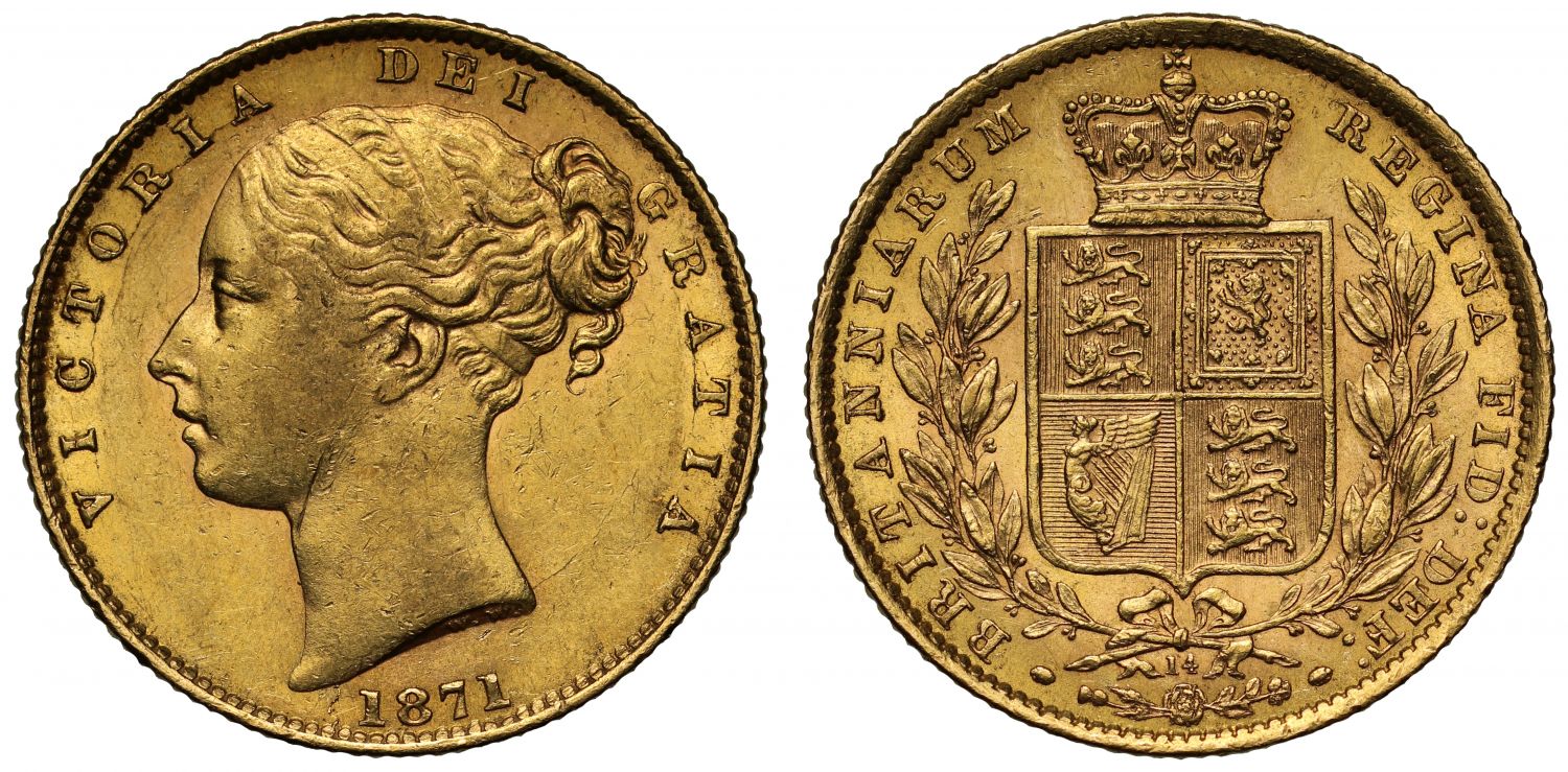 Victoria 1871 Sovereign, die number 14, young head, shield reverse