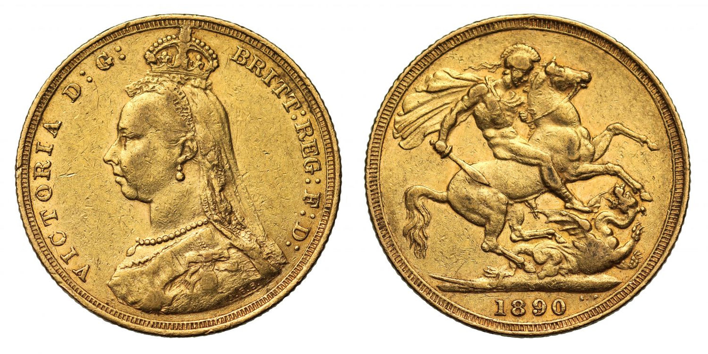 Victoria 1890 S Sovereign first legend, G: further from crown