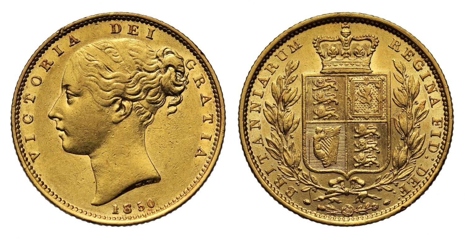 Victoria 1850 Sovereign, 8 with 5 struck over it, Ex Bentley lot 986, extremely rare