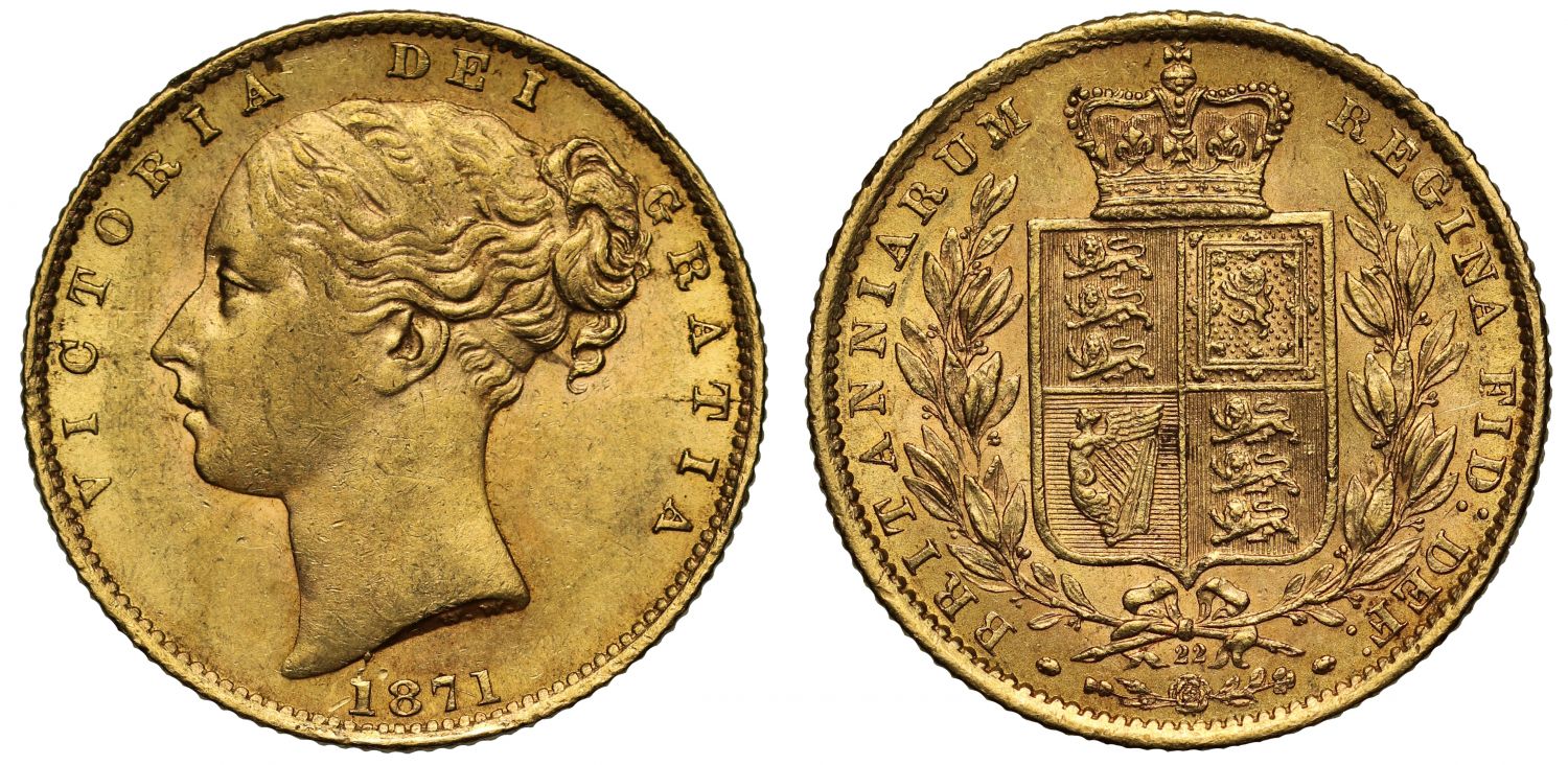 Victoria 1871 Sovereign, die number 22, young head, shield reverse