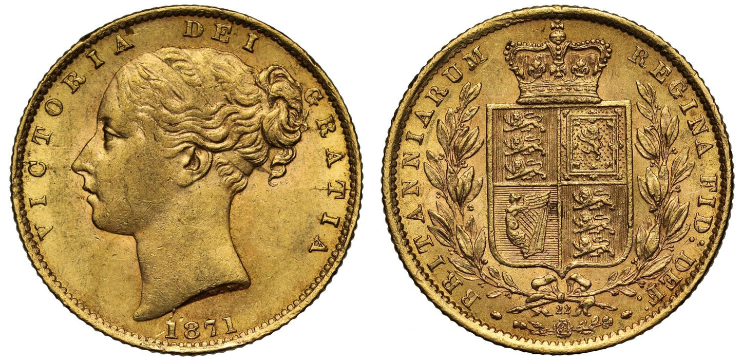 Victoria 1871 Sovereign, die number 22, young head, shield reverse