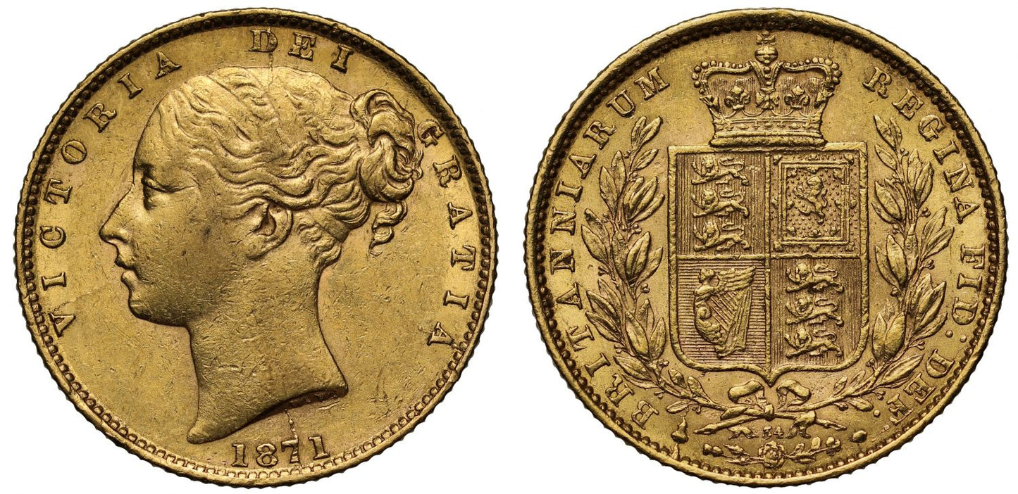 Victoria 1871 Sovereign, die number 34, young head, shield reverse