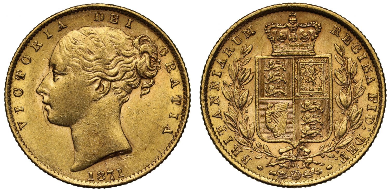 Victoria 1871 Sovereign, die number 48, young head, shield reverse