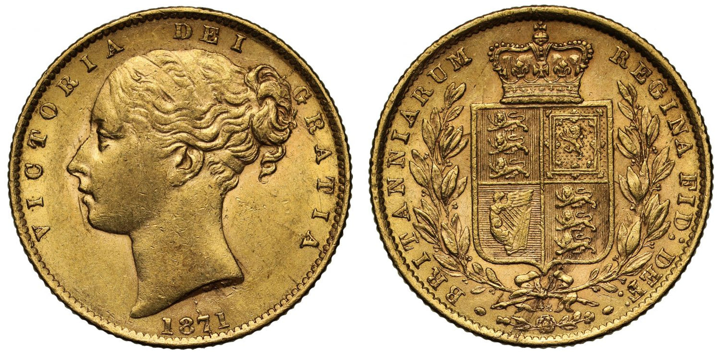 Victoria 1871 Sovereign, die number 48, young head, shield reverse