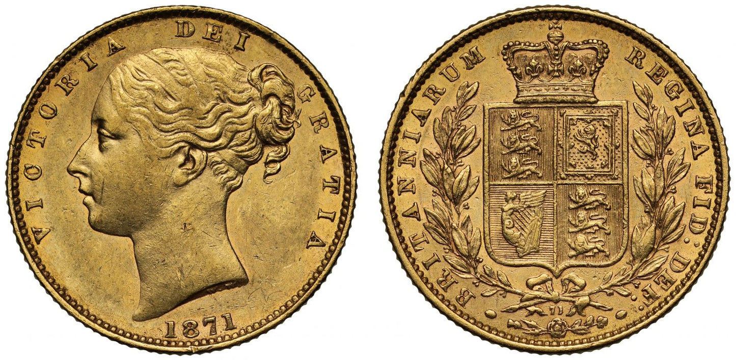 Victoria 1871 Sovereign, die number 71, young head, shield reverse