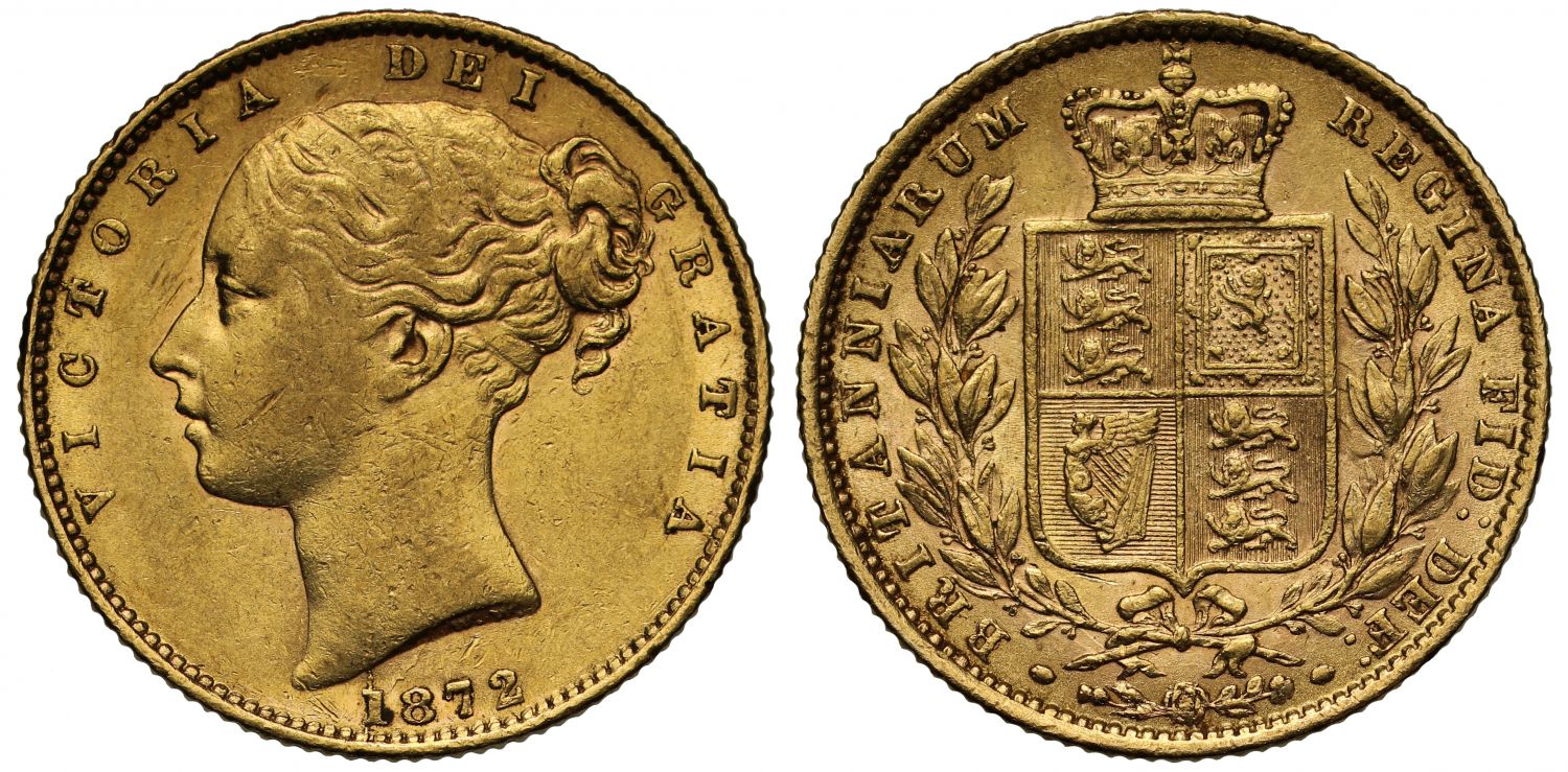 Victoria 1872 Sovereign, no die number on reverse shield, young head