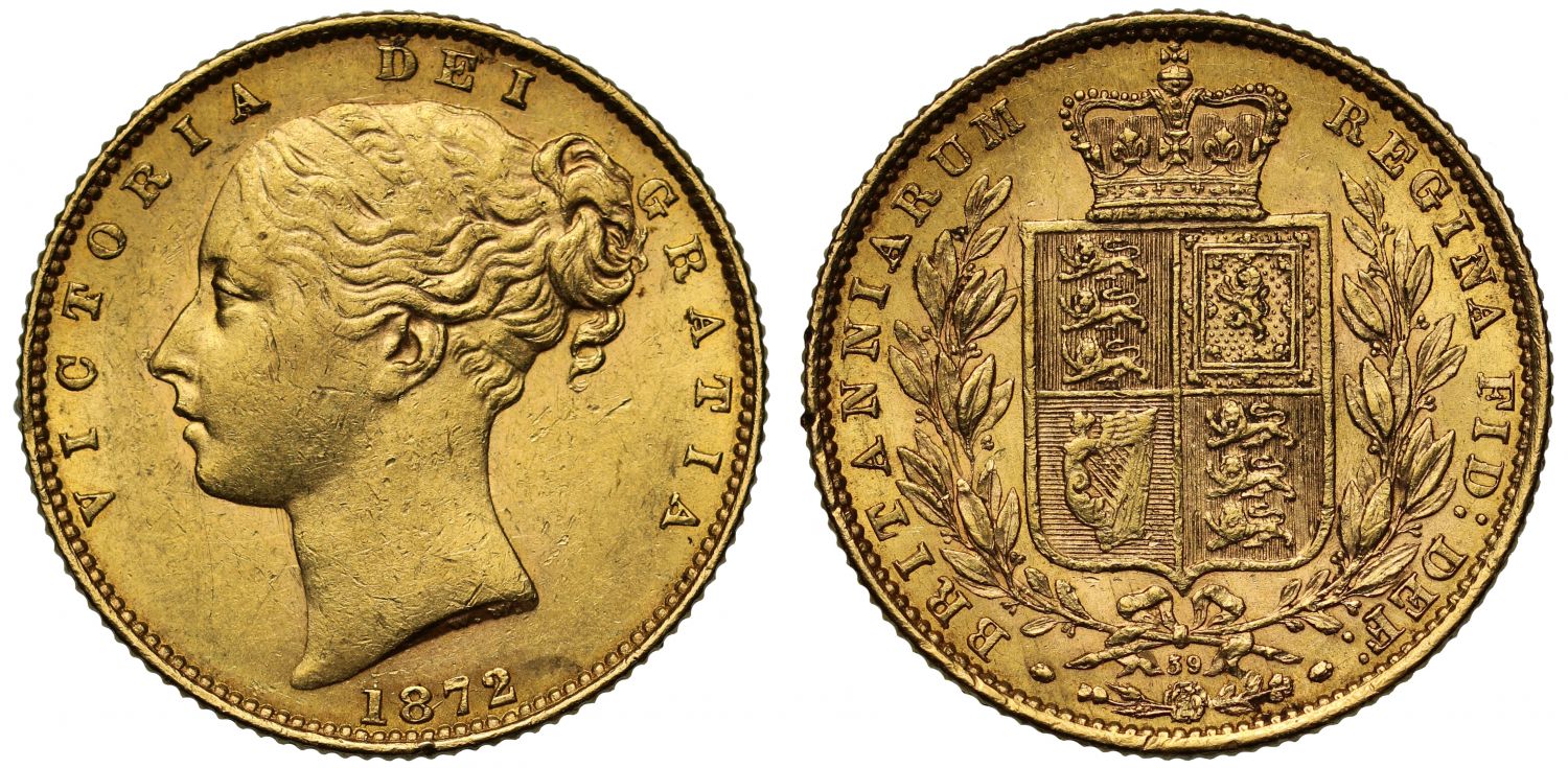 Victoria 1872 Sovereign, die number 39, young head, shield reverse