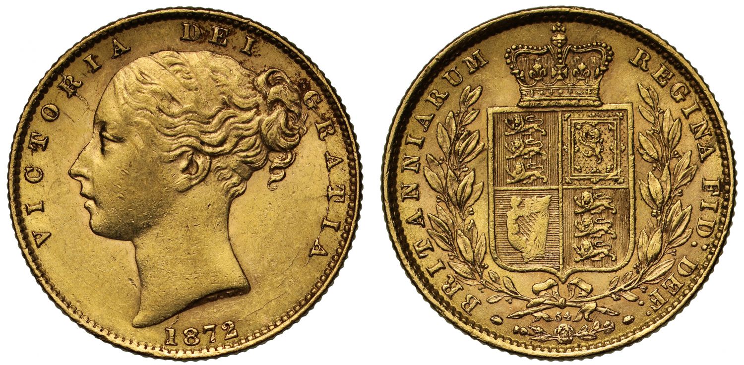Victoria 1872 Sovereign, die number 54, young head, shield reverse