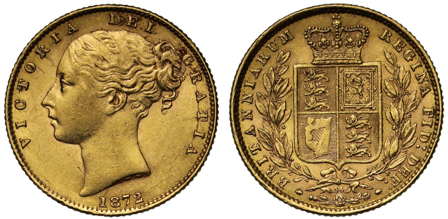 Victoria 1872 Sovereign, die number 54, young head, shield reverse