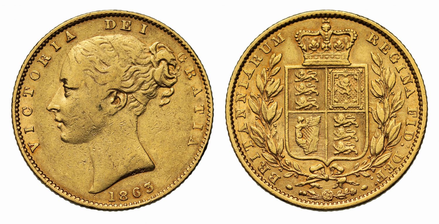 Victoria 1863 Sovereign, no die number, hooked 6, second young head