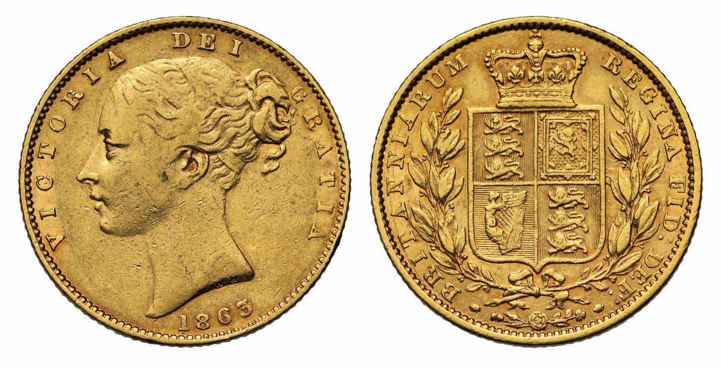 Victoria 1863 Sovereign, no die number, hooked 6, second young head