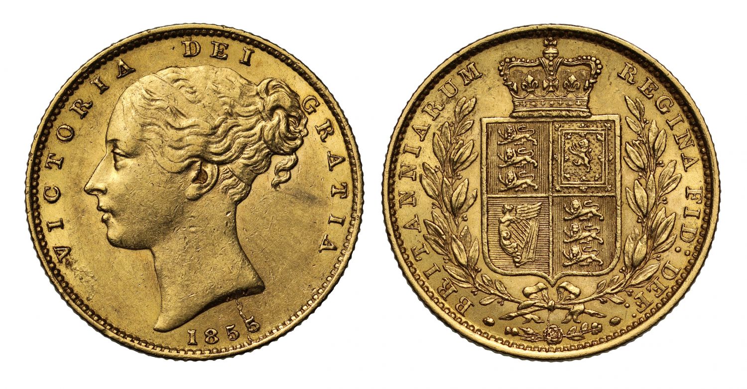Victoria 1855 Sovereign WW incuse AU55