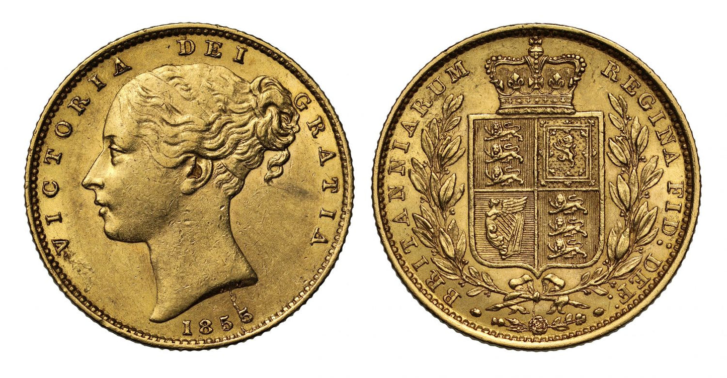 Victoria 1855 Sovereign WW incuse AU55