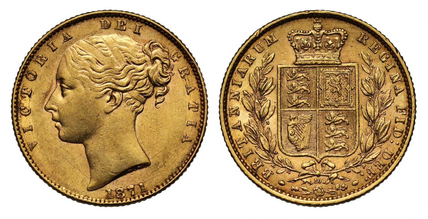 Victoria 1871 Sovereign, die number 101, third young head