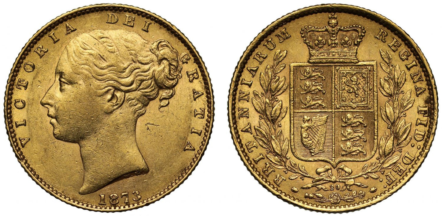 Victoria 1873 Sovereign, die number 20, young head, shield reverse