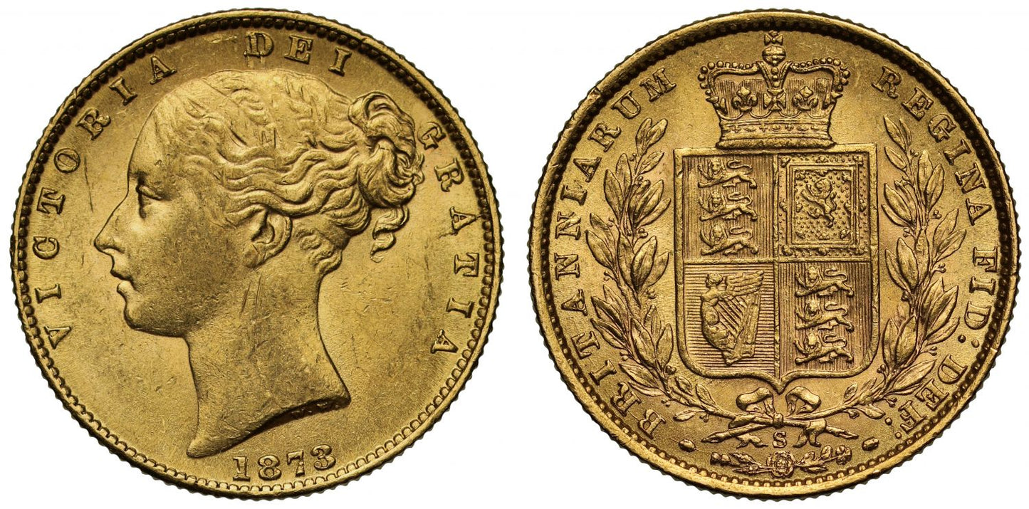 Victoria 1873-S Sovereign Sydney Mint, young head, shield reverse