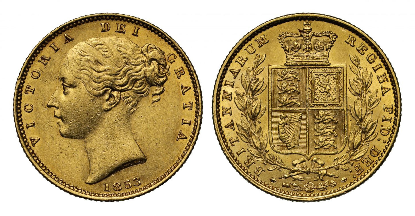 Victoria 1853 Shield Sovereign, WW raised
