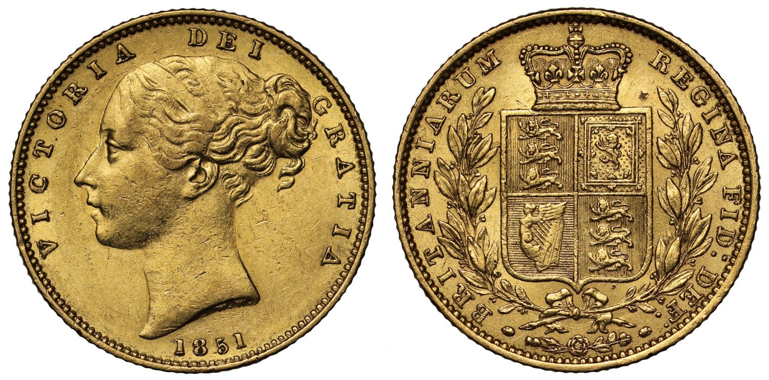 Victoria 1851 Sovereign, shield reverse, second young head