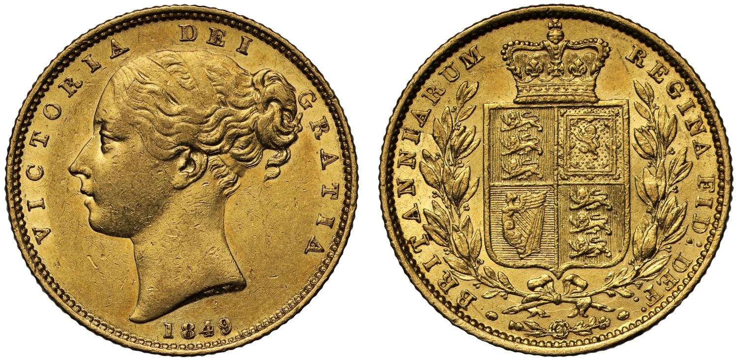 Victoria 1849 Sovereign, shield reverse, second young head
