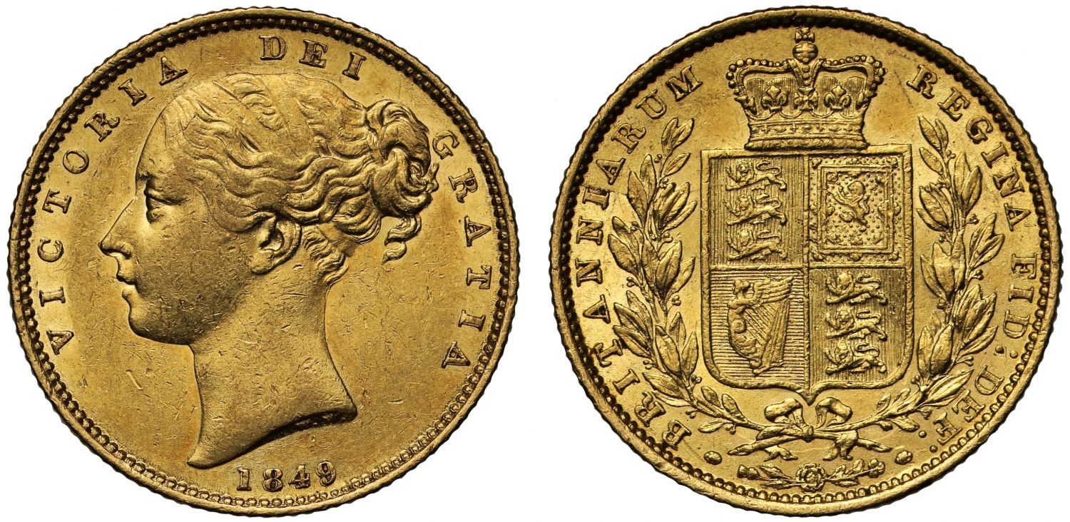 Victoria 1849 Sovereign, shield reverse, second young head