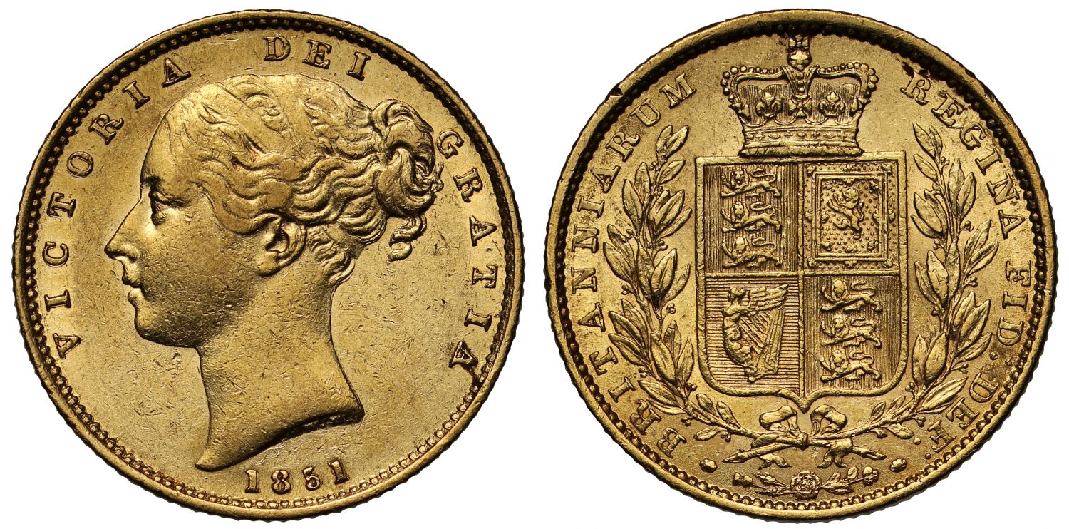 Victoria 1851 Sovereign, shield reverse, second young head