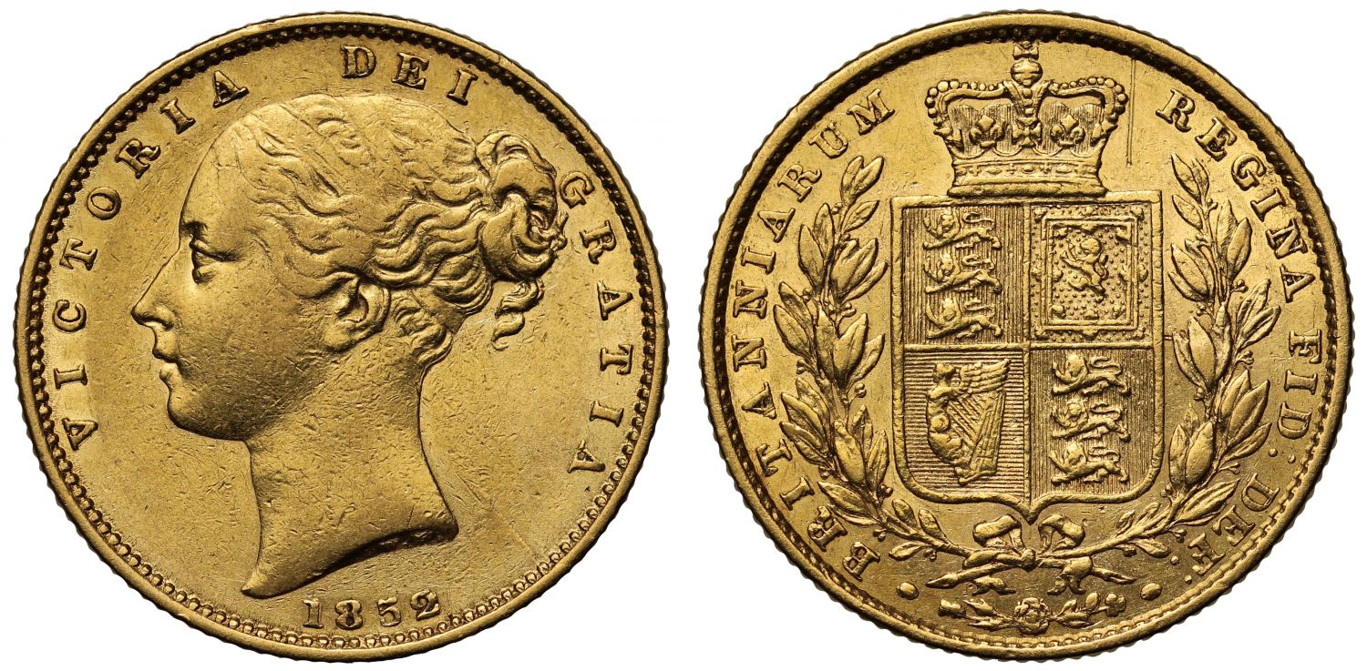 Victoria 1852 Sovereign, shield reverse, second young head