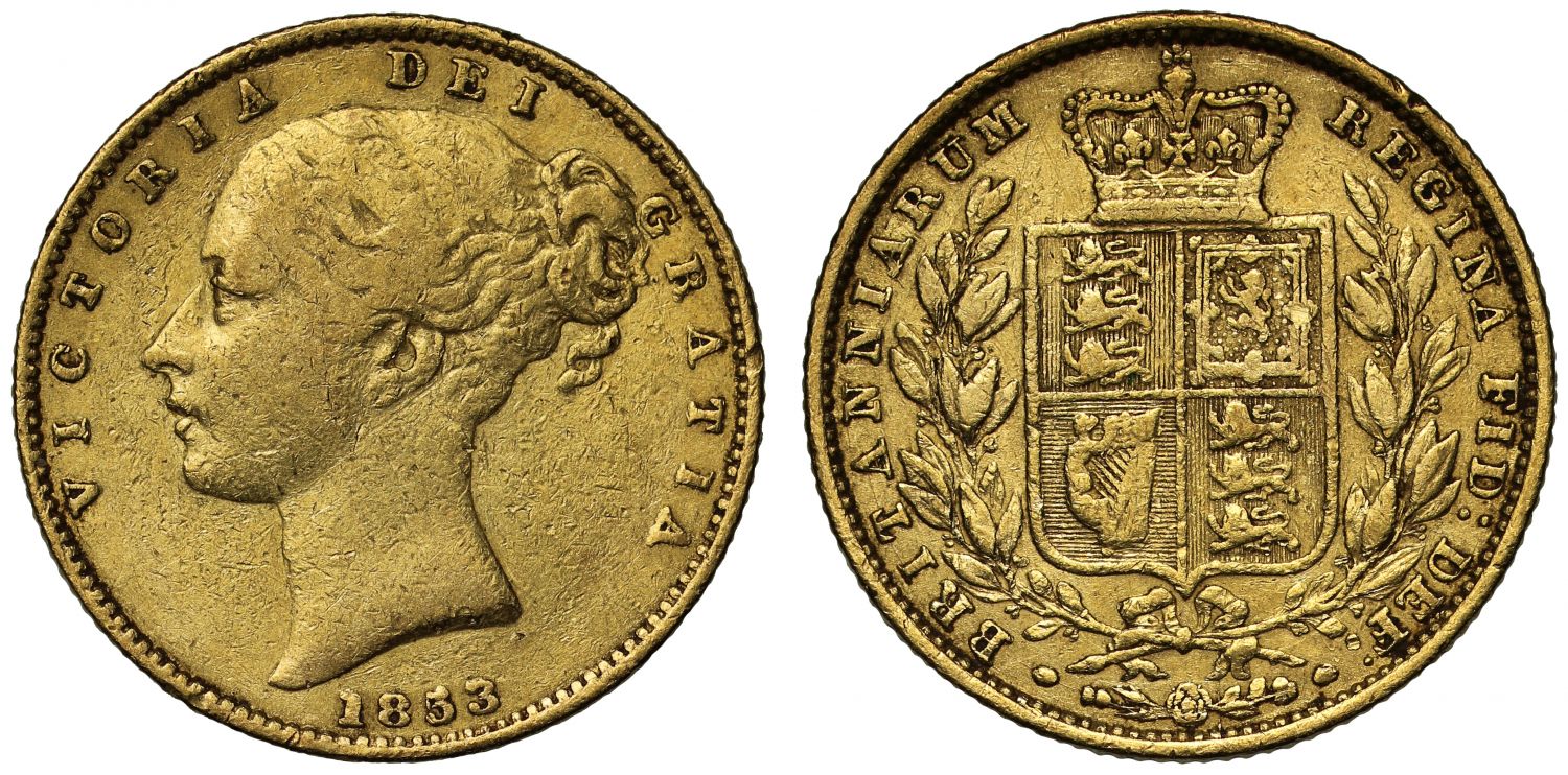 Victoria 1853 Sovereign, WW incuse on truncation of second young head, rare