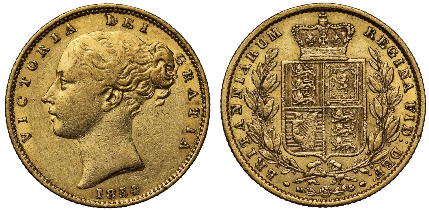 Victoria 1854 Sovereign, WW raised, rare