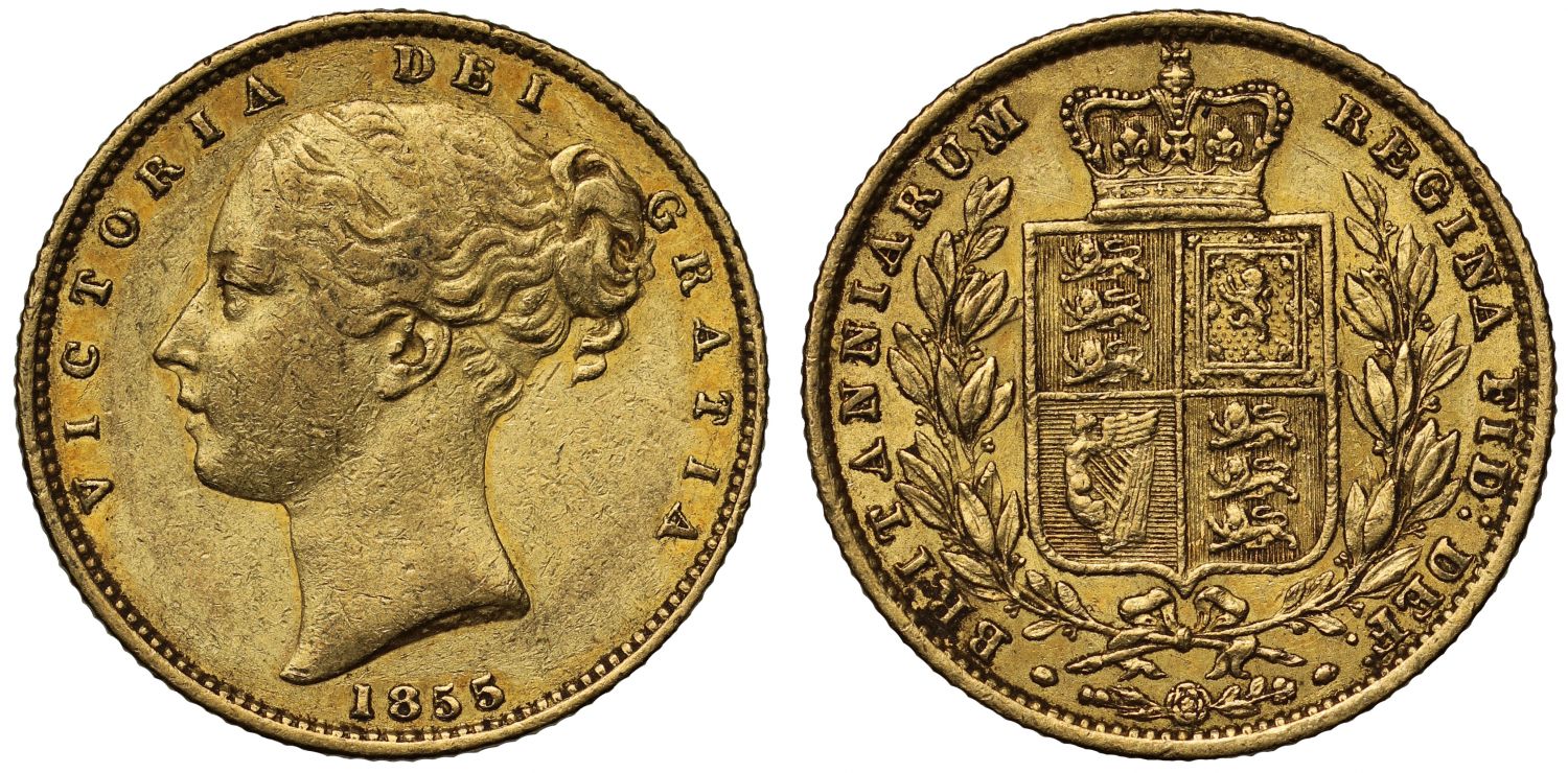 Victoria 1855 Sovereign WW in relief on truncation of second head, very rare