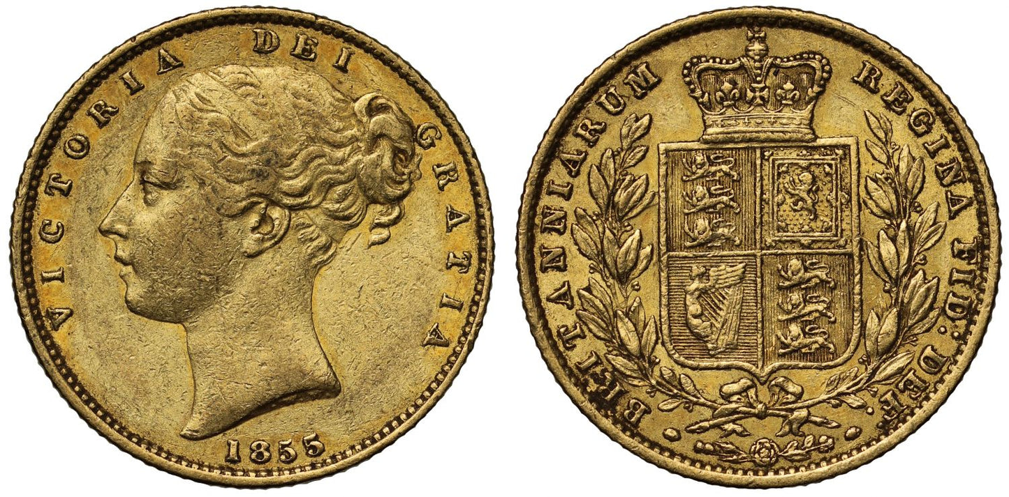 Victoria 1855 Sovereign WW in relief on truncation of second head, very rare