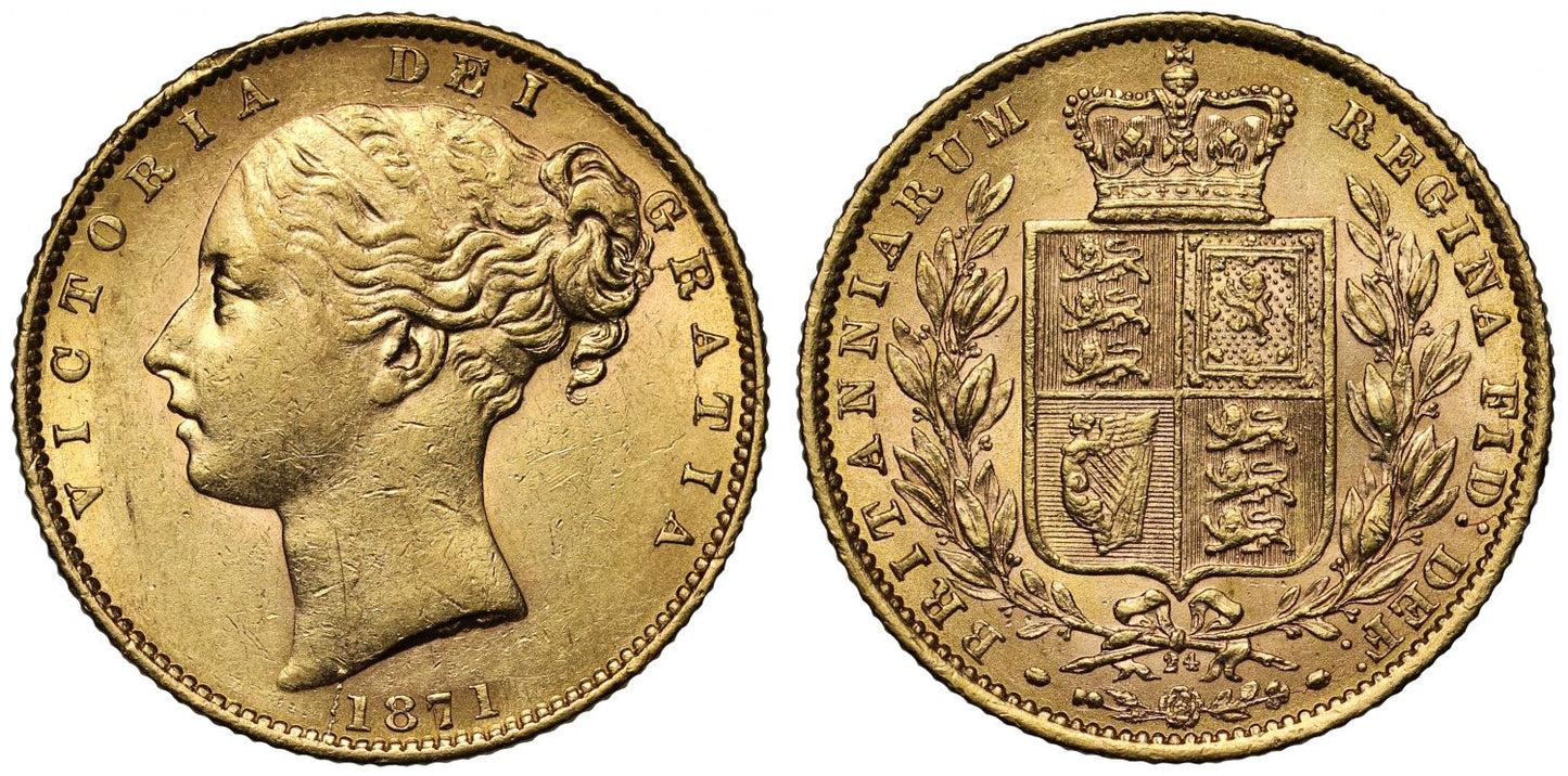 Victoria 1871 Sovereign die number 24 on shield reverse, third young head