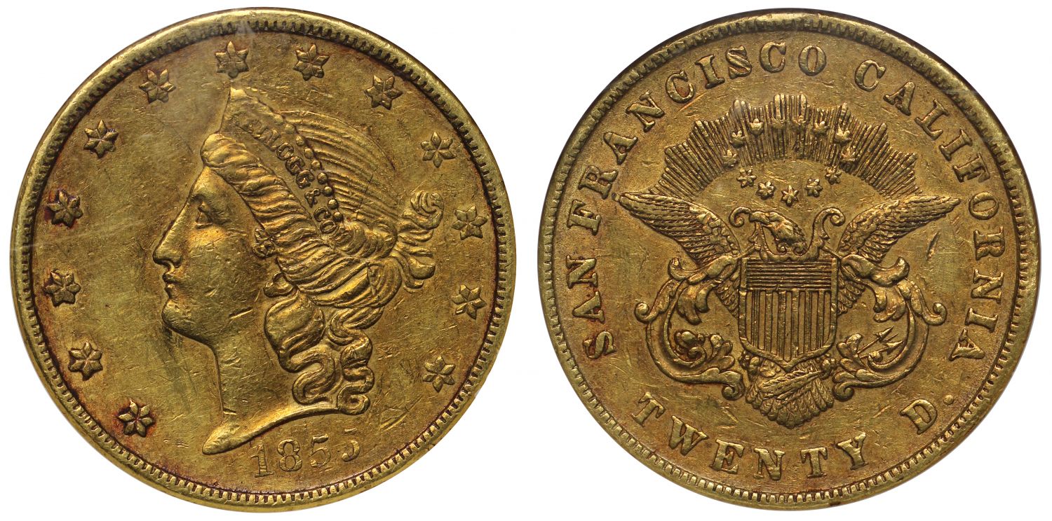 USA, California 1855 Kellogg & Co. gold $20 AU53