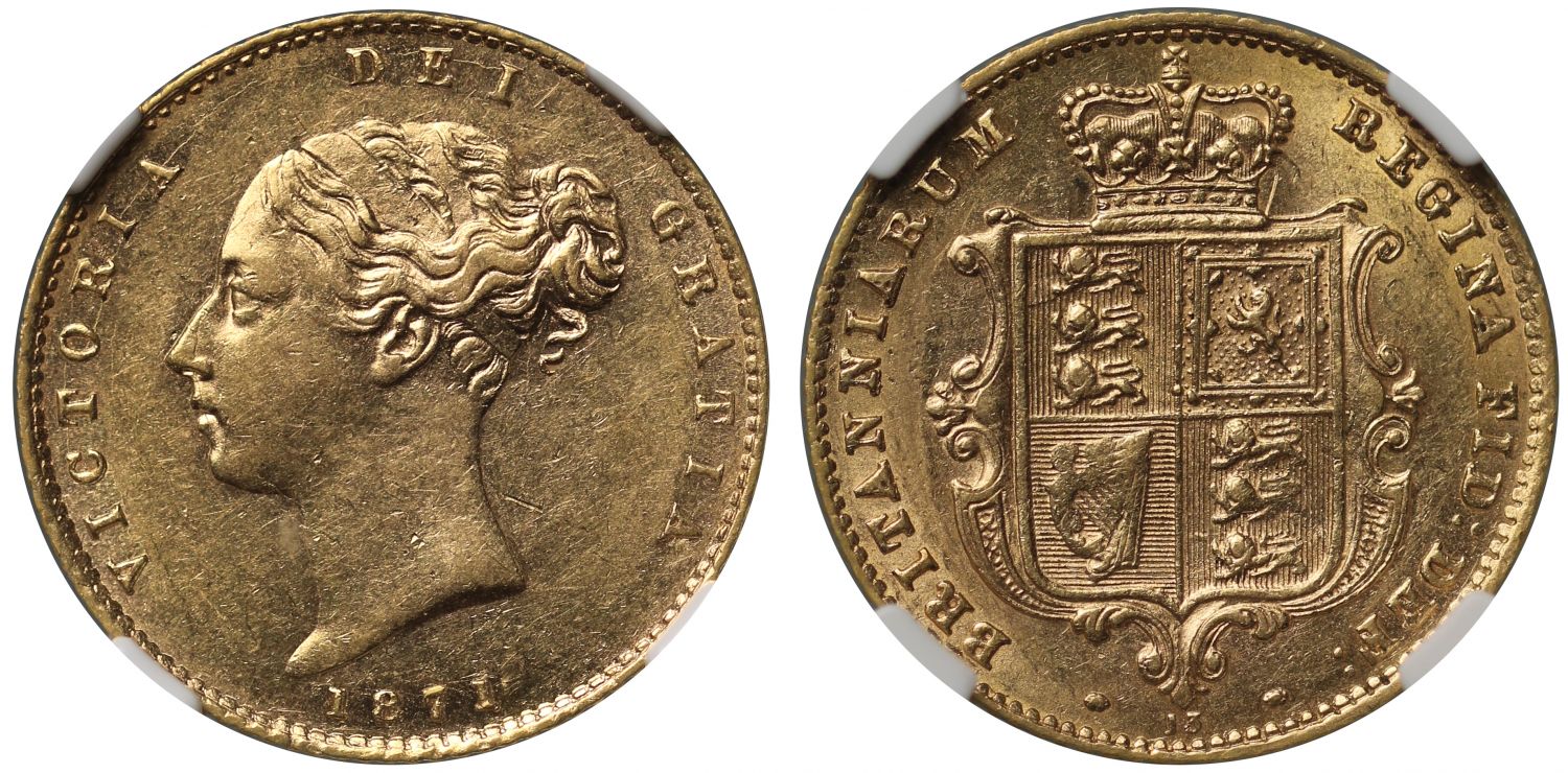 Victoria 1871 Half-Sovereign, die number 13, AU55