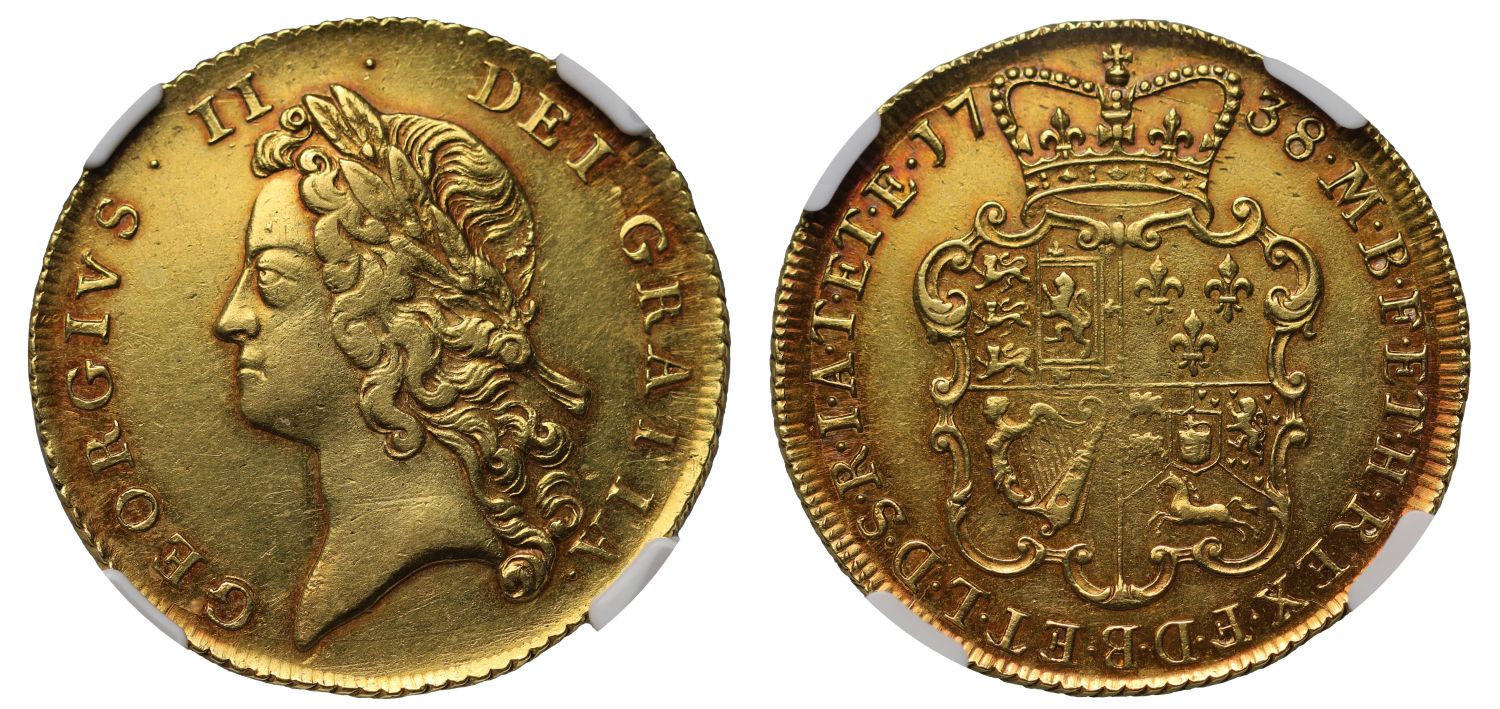 George II 1738 Two-Guineas, obv. 4 / rev. 4 NGC AU53
