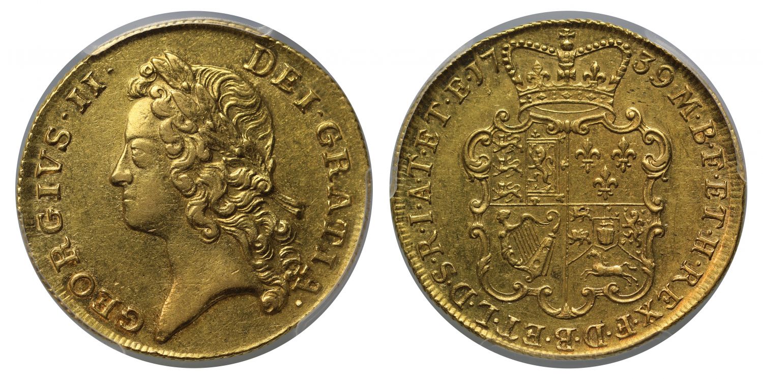 George II 1739 Two-Guineas, obv.6 / rev.7, AU55