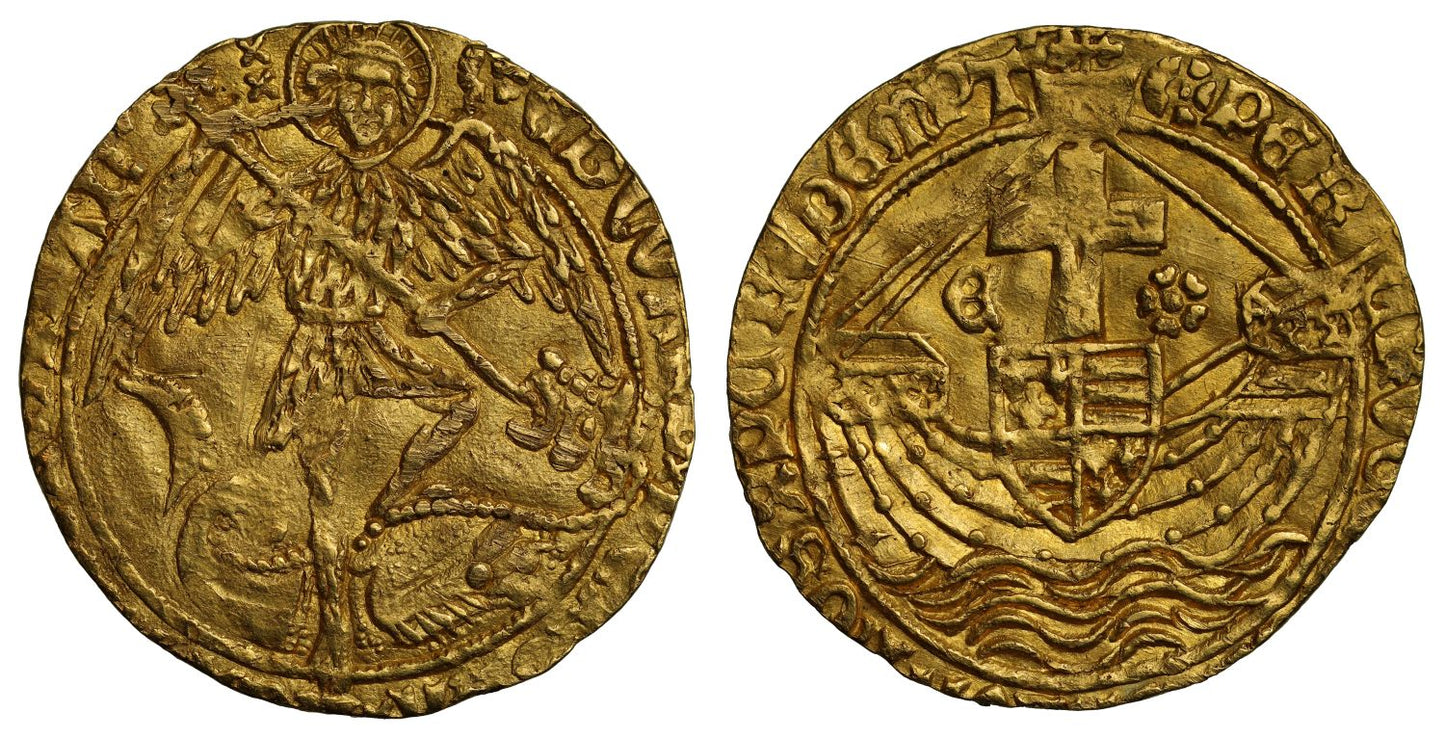Edward IV Angel, final issue concurrent with Edward V, mm halved sun rose 1483