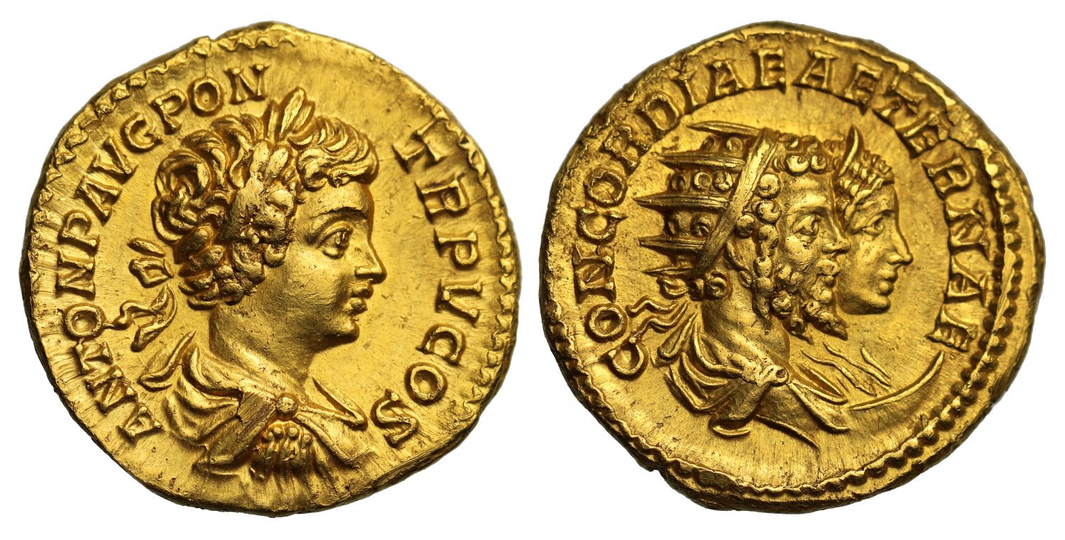 Caracalla, Aureus, with Septimius Severus and Julia Domna NGC Ch AU 5/5,2/5