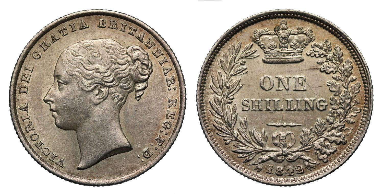 Victoria 1842 Shilling with the clear error of D over F in F:D: extremely rare
