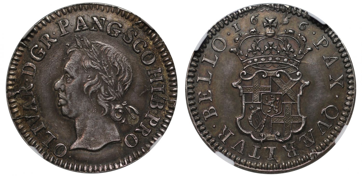 Oliver Cromwell 1656 silver pattern Half-Broad MS62, only example available