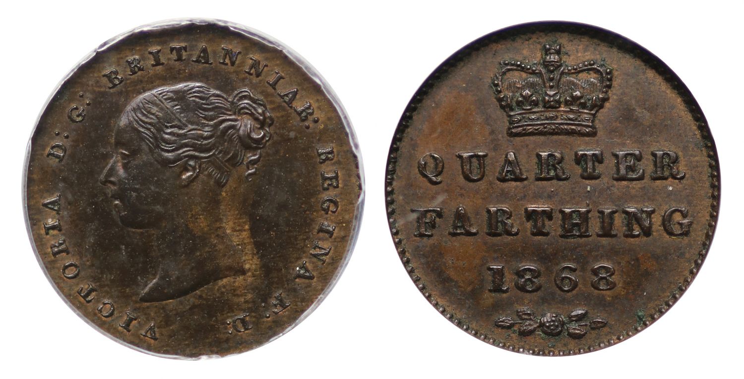 Victoria 1868 bronze proof Quarter-Farthing CGS 85