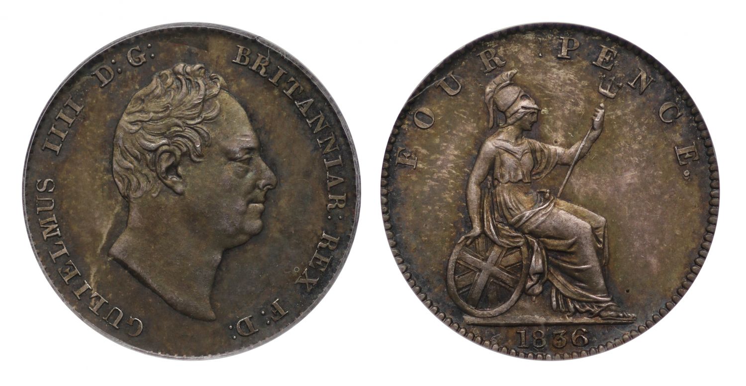 William IV 1836 proof Groat plain edge Pattern, FOUR PENCE ocer head CGS 90