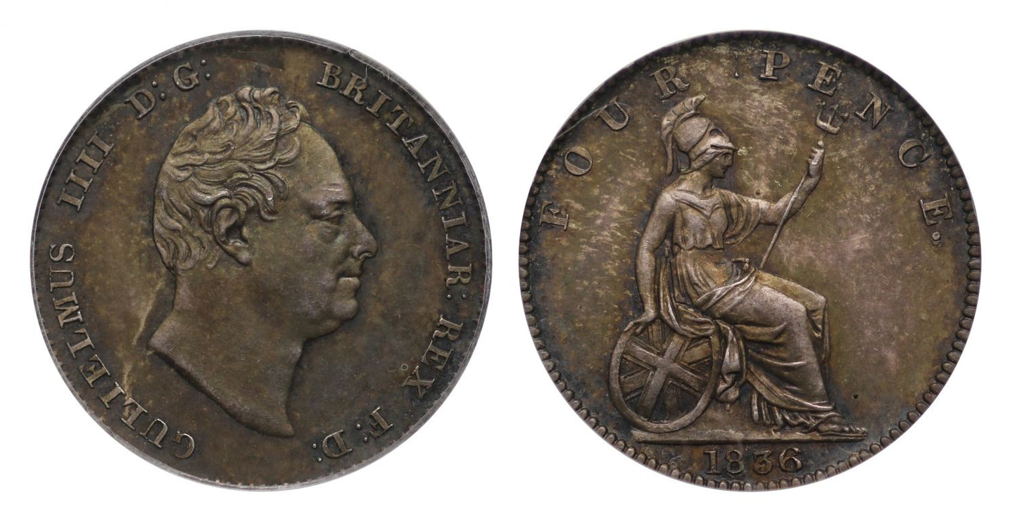William IV 1836 proof Groat plain edge Pattern, FOUR PENCE ocer head CGS 90