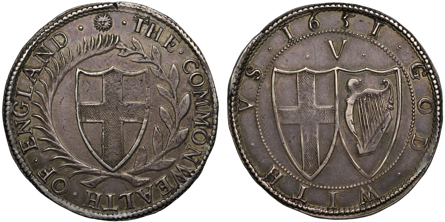 Commonwealth 1651 Crown initial mark sun AU50