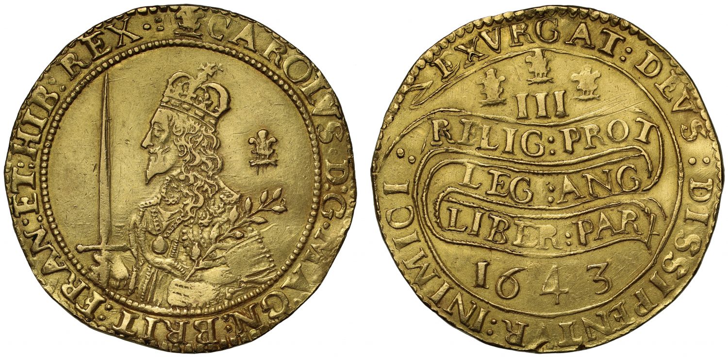 Charles I 1643 Triple Unite of Three Pounds, Oxford, rare die combination VI/L4, ex Clarendon collection