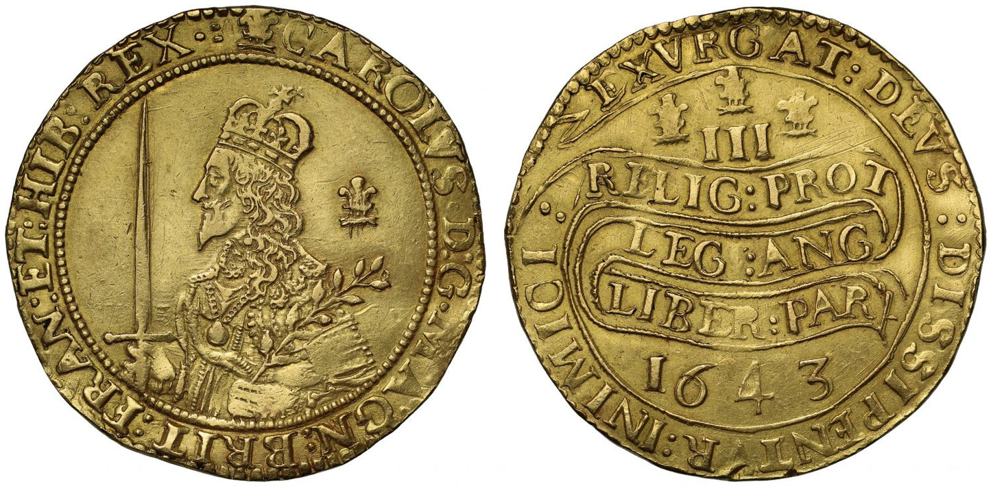 Charles I 1643 Triple Unite of Three Pounds, Oxford, rare die combination VI/L4, ex Clarendon collection