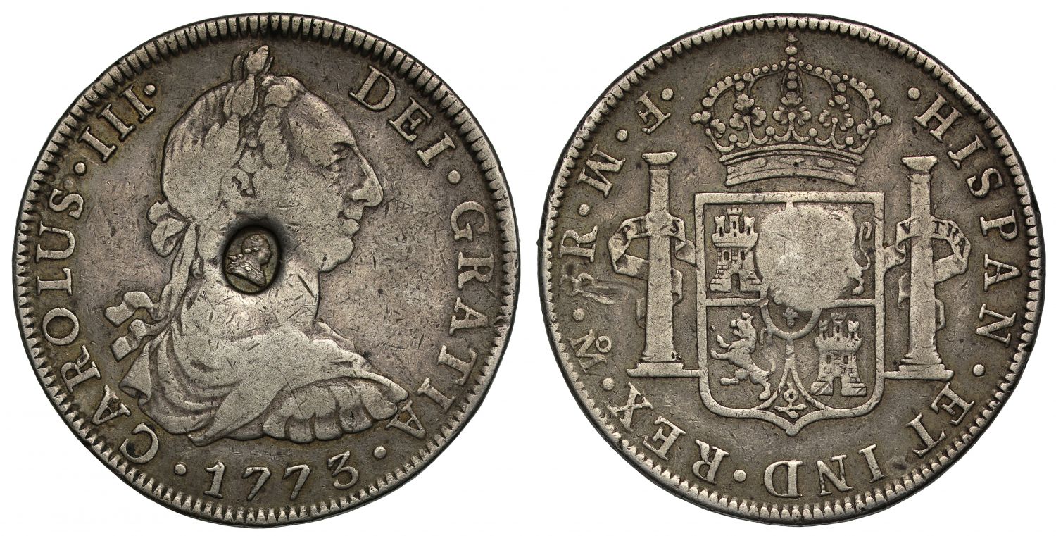 George III oval countermark on Mexico 1773 FM 8-Reales, FM inverted, rare