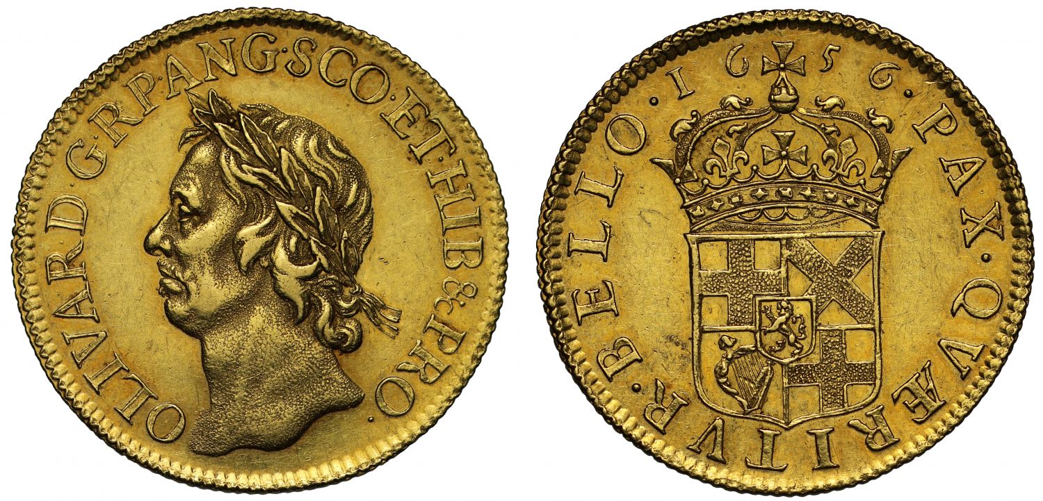 Oliver Cromwell 1656 gold Broad of Twenty Shillings