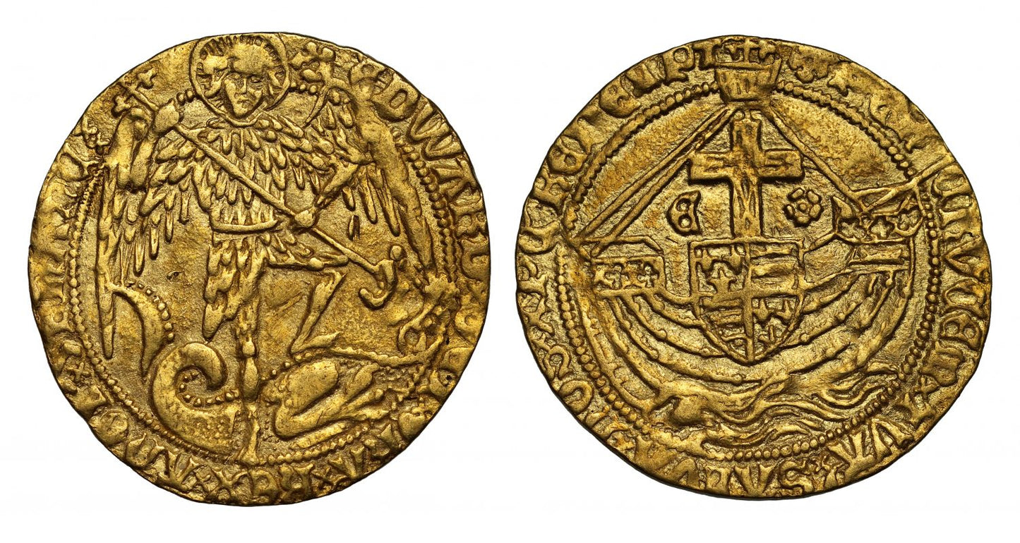 Edward IV 2nd reign Angel, initial mark cinquefoil (1480-3)