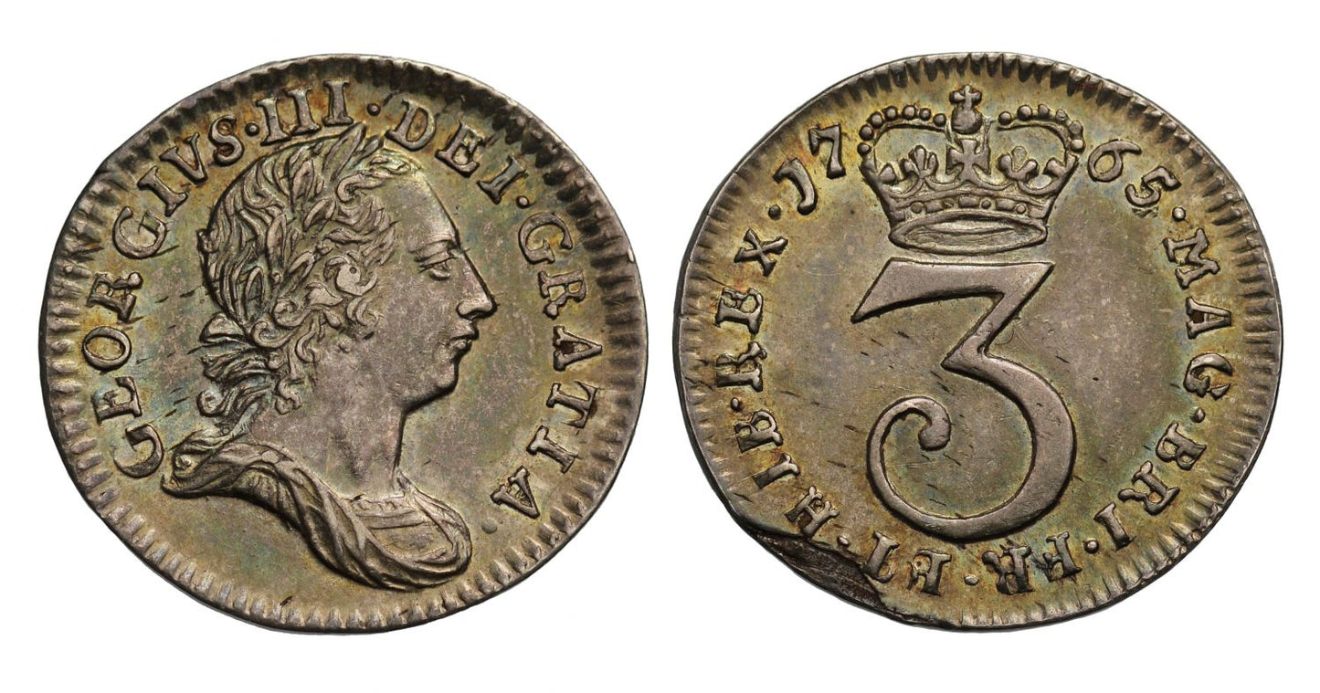 George III 1765 Threepence, 5 struck over 3, rarest date